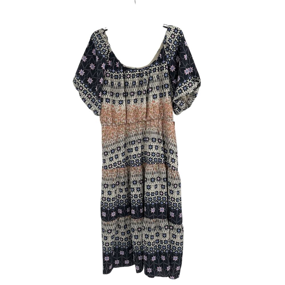 Black Tape_ Floral & Geometric Midi Dress in Navy, Cream & Peach
